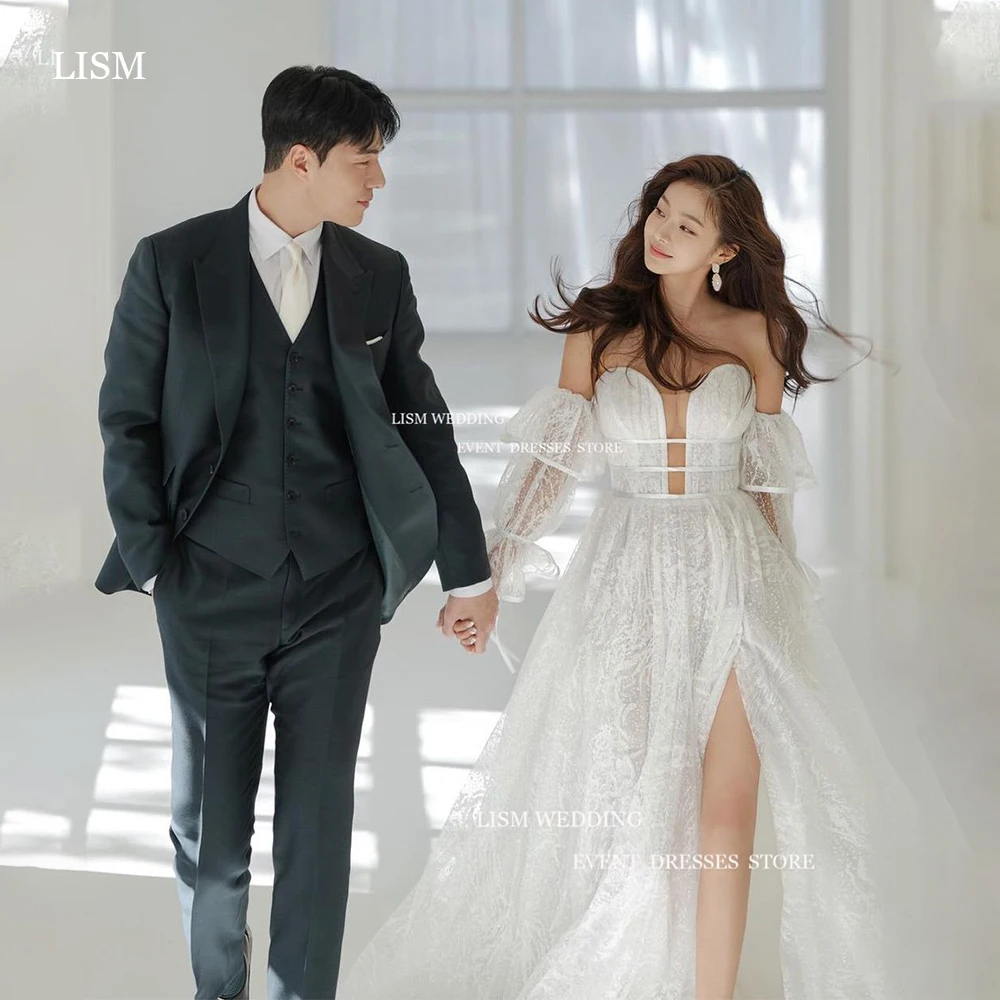 LISM Sexy Deep V Neck Wedding Dress Korea Photoshoot Remove Sleeve Lace Bridal Gown Lace High Split Bridal Dresses Custom Made