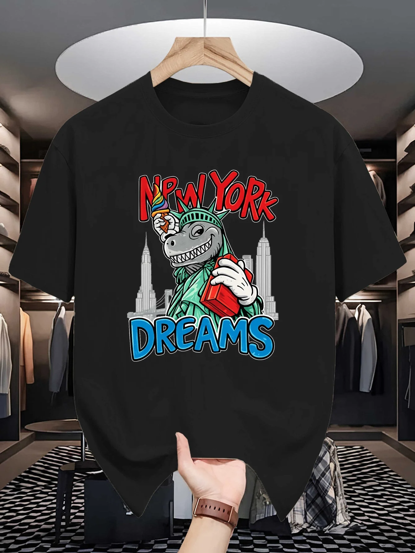 New York Dreams Mens Crew Neck T Shirt Dinosaur Statue Of Liberty City Skyline Cartoon Ice Cream Graphic Short Sleeve Casual Top