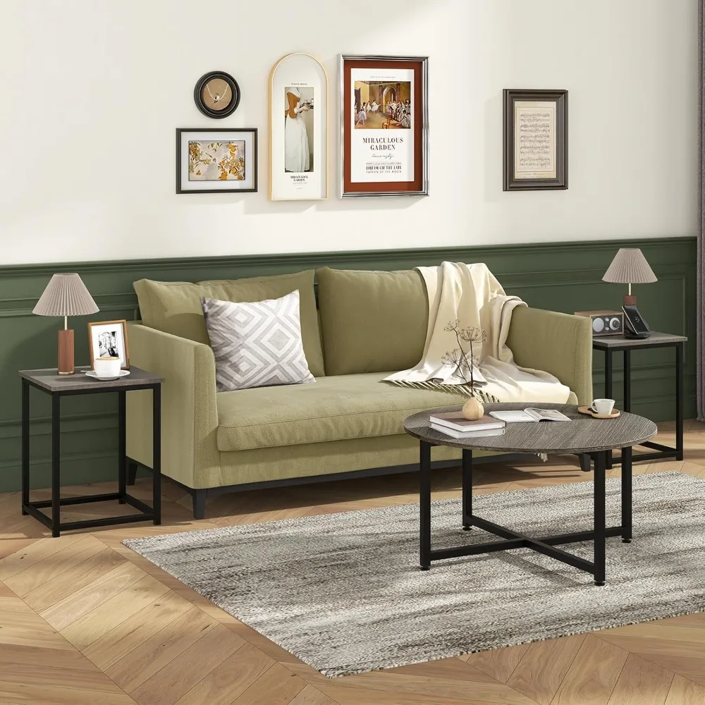 Round Nesting Table Set of 3, Farmhouse Coffee Table w/2 End Tables, Sturdy Metal Frame, 3-Piece Wooden Living Room Tabl