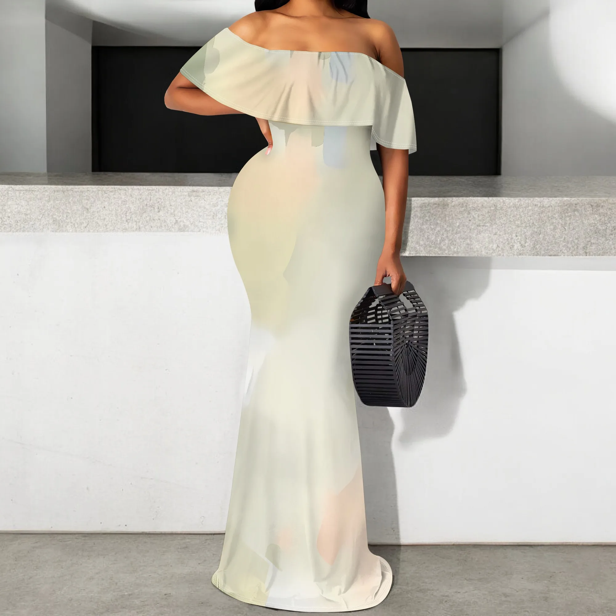 

Plus Size Off Shoulder Light Beige Gradient Maxi Dress Summer Elegant Vacation Party Outfit