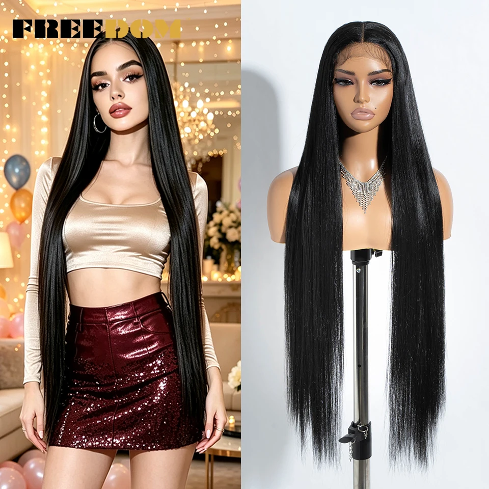 FREEDOM 13X4 Synthetic Lace Front Wigs For Women 38 Inch Soft Long Straight Free Part Lace Frontal Wig Natural Pre Plucked Wigs