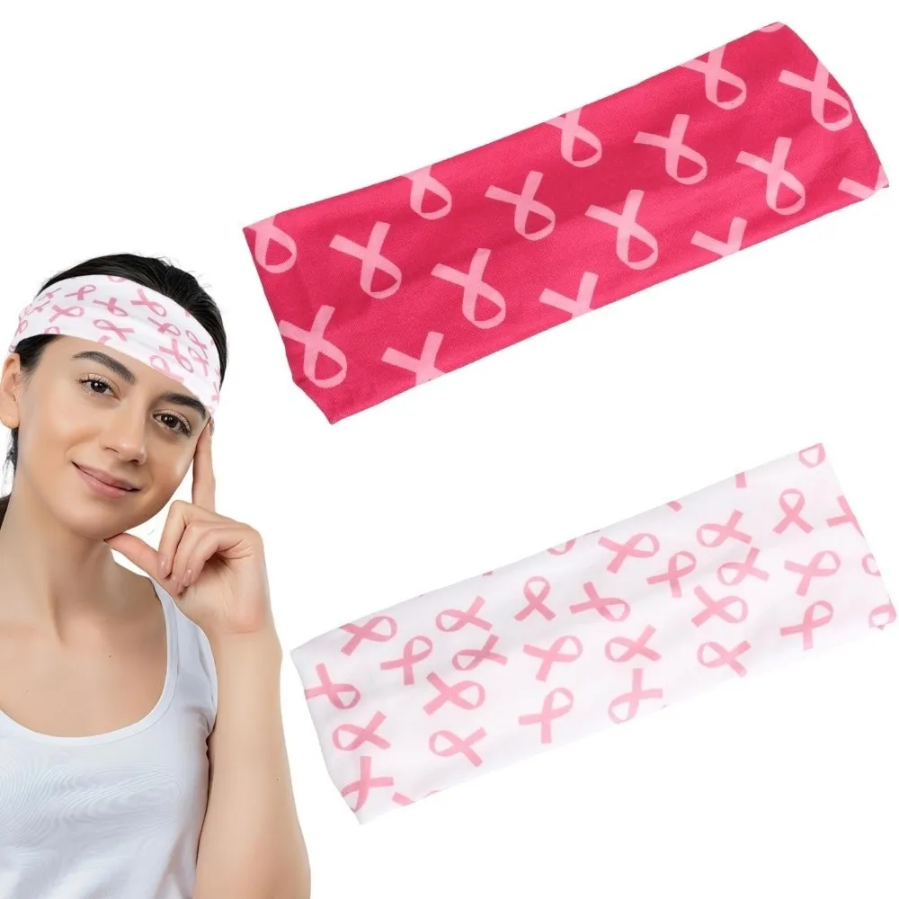 ポリエステル乳がん啓発ヘッドバンドノンスリップ弾性ワイドヘアラップ吸汗性プリントヘアアクセサリーヨガ