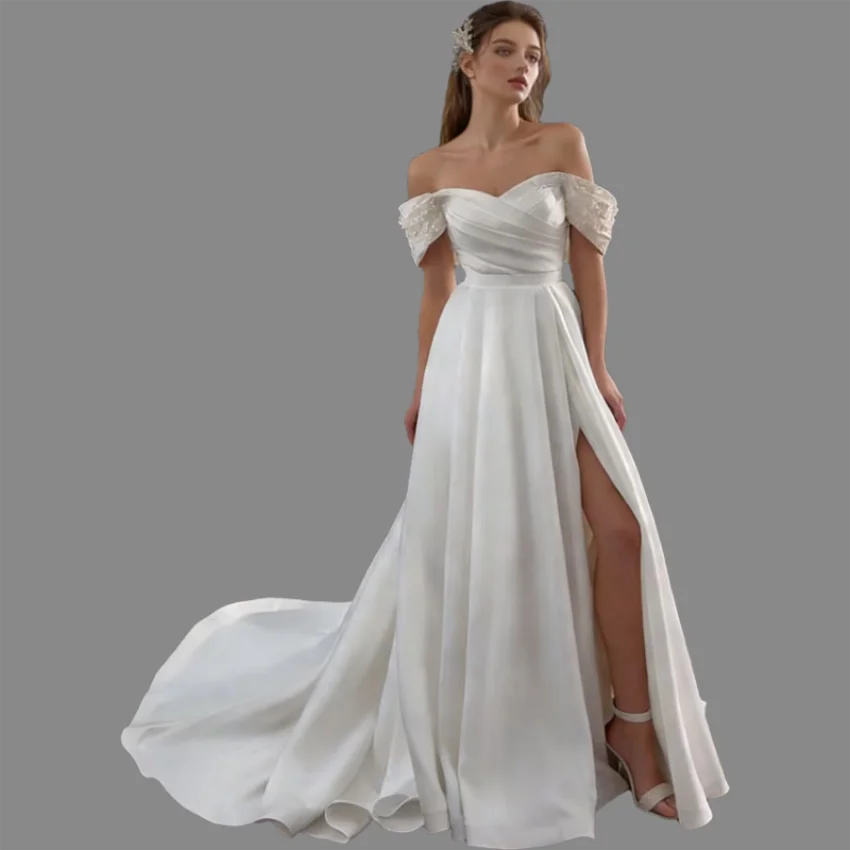 

Customized Princess Off The Shoulder A-Line Satin Pleats Wedding Dresses Lace Appliques Ball Gown Bridal Dress Vestido De Novia