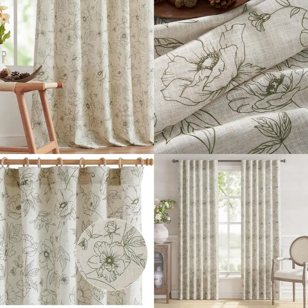 

Зеленые льняные шторы с цветочным принтом 84, карманом для стержня, стиль фермерского дома, комплект из 2 панелей для спальни и гостиной