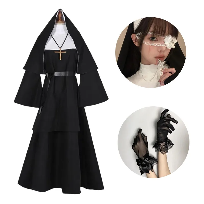 

Halloween Nun Cosplay Costume Black Dress with Eye Mask and Gloves Full Set for Women Role Play Outfit Theme Party