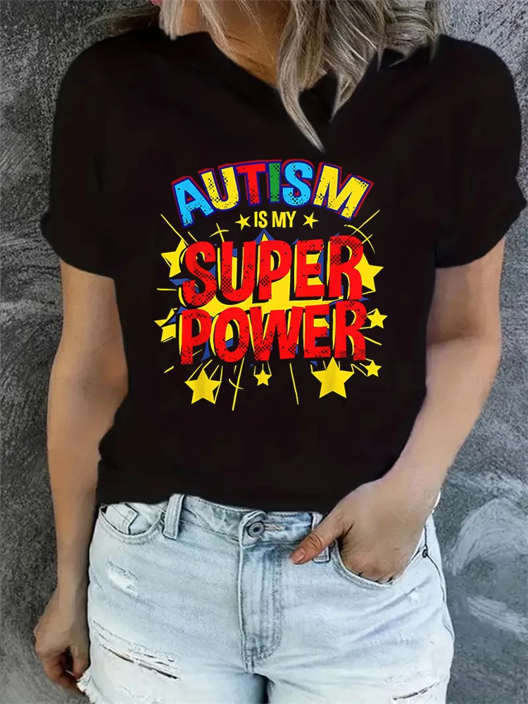 Autism Is My Super Power Funny Autism Superhero Tshirt Short Sleeve Tees Loose T-shirt Tops New T shirt Print Tee Tops Fashion