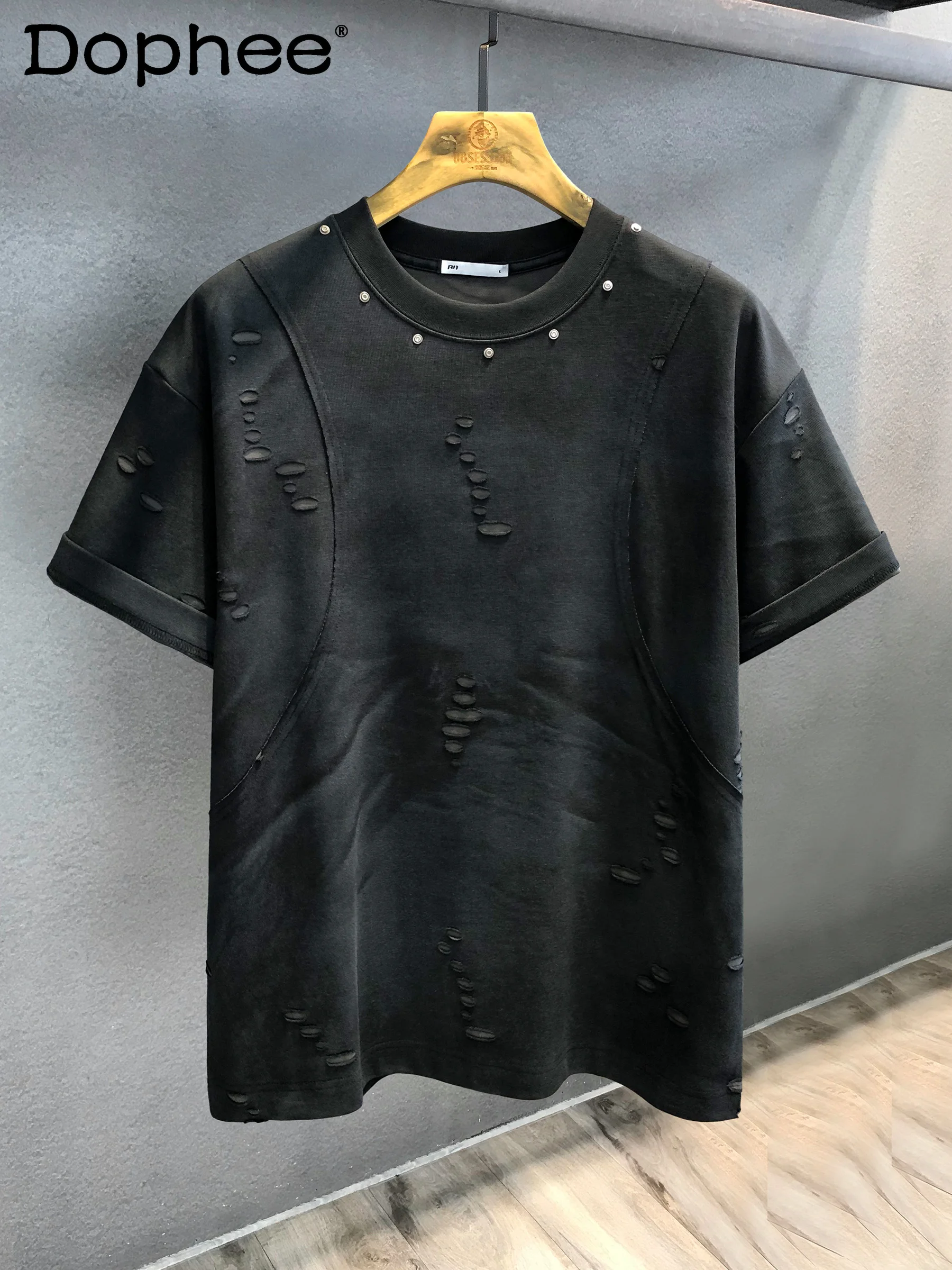 

Fashion Trend Heavy-duty Rivet Dyed Round Neck Short Sleeve T-shirt Men's 2025 Summer Loose Casual Half Sleeve Top
