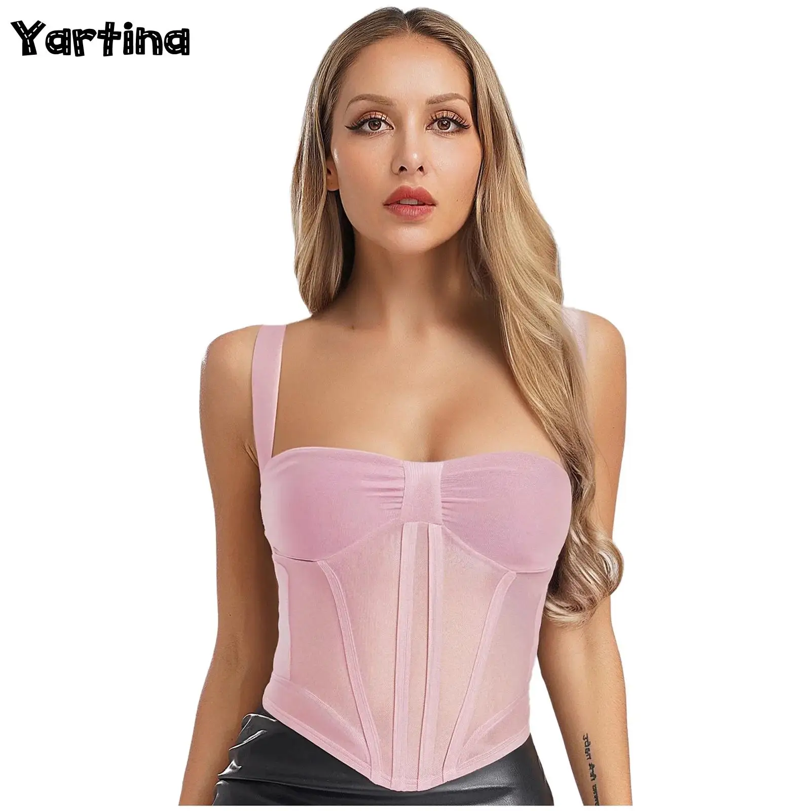 

Womens Sexy Backless Camisole Bustiers Crop Tops Y2k Clothes Halter Or Sling Sheer Mesh Ruffled See Though Tank Top