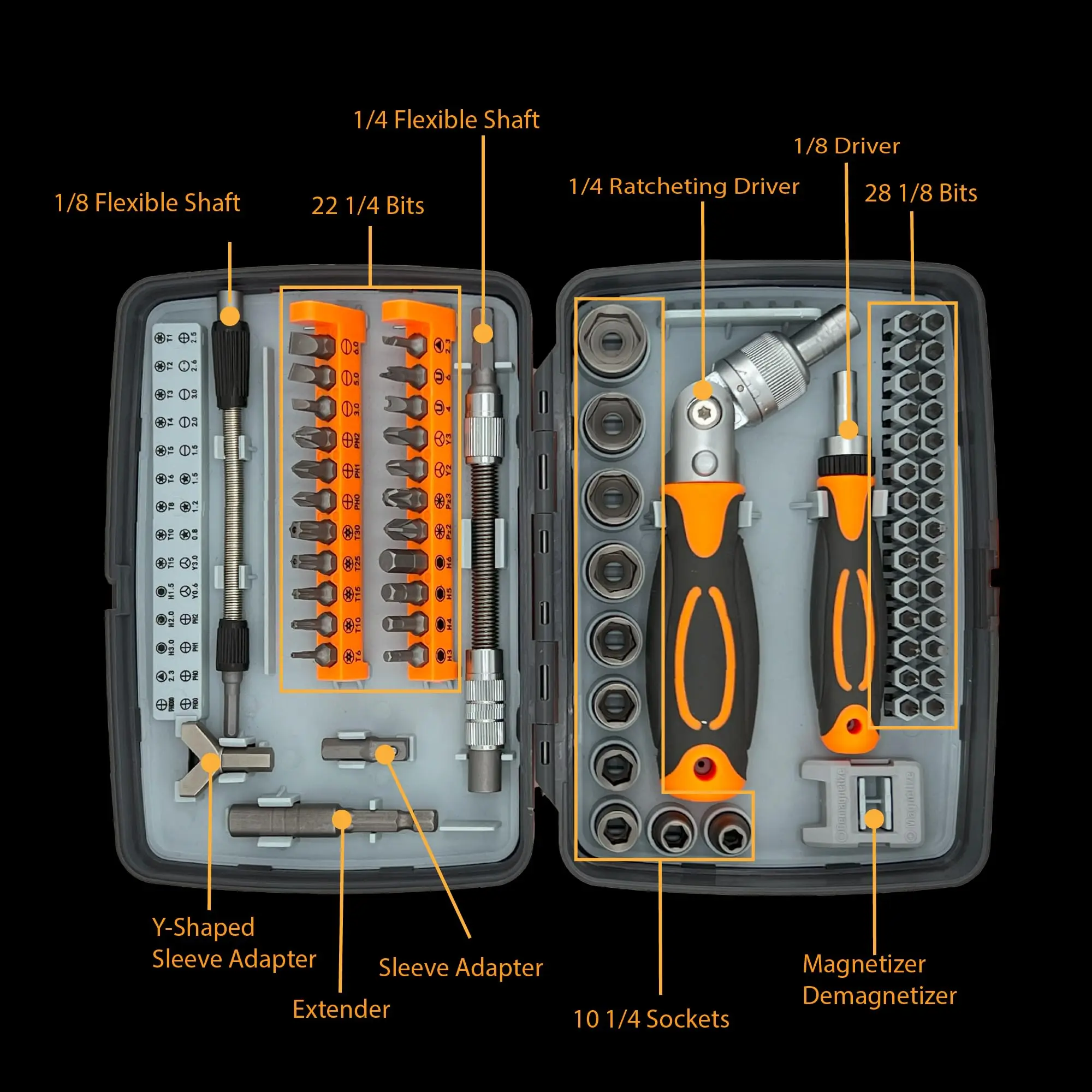 Magnetic Ratchet Screwdriver Set 68 in 1 Steel Precision Bits set Socket Set Screw Driver Det Kit with Rotatable Ratchet Handles