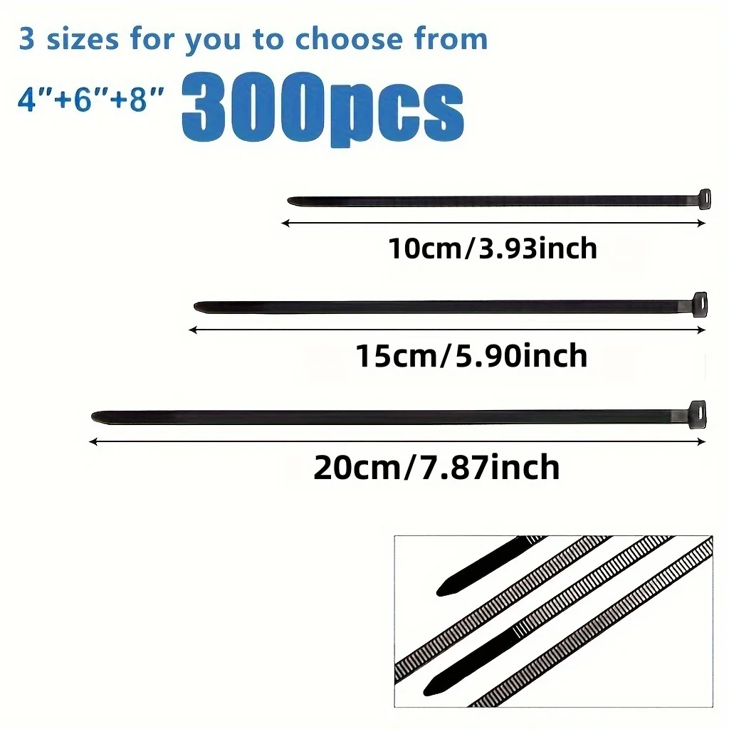 300個の高耐久ナイロンタイダウンストラップ | 防水性と滑り止め - 屋外のケーブル、庭、家庭の整理整頓用オーガナイザー