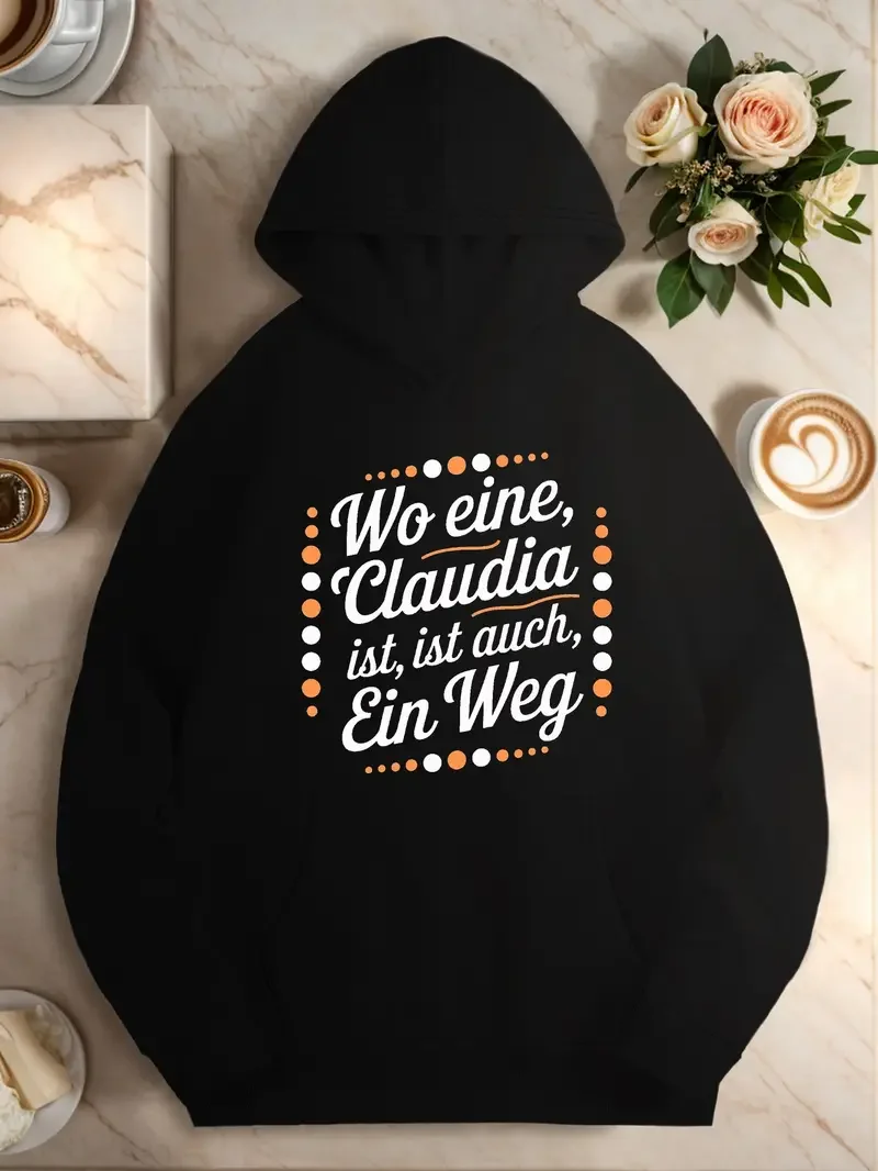 

Женская толстовка больших размеров с забавной немецкой цитатой Claudia Way Светло-серая с белым и оранжевым текстом Уютная толстовка с капюшоном с передним карманом
