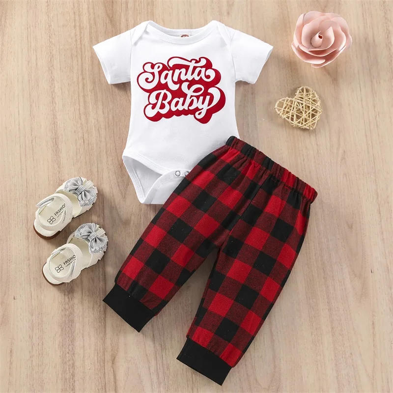 Cute Infant Holiday Clothing Set Festive Romper with Lettering Design and Matching Plaid Pants with Elastic Waistband