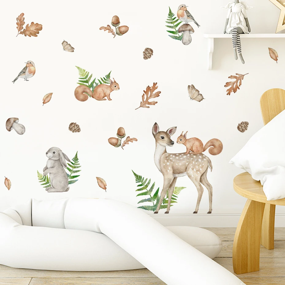 

Hand Drawn Watercolor Cartoon Jungle Animals Safari Greenery Wall Stickers for Nursery Kids Room Living Room Decor