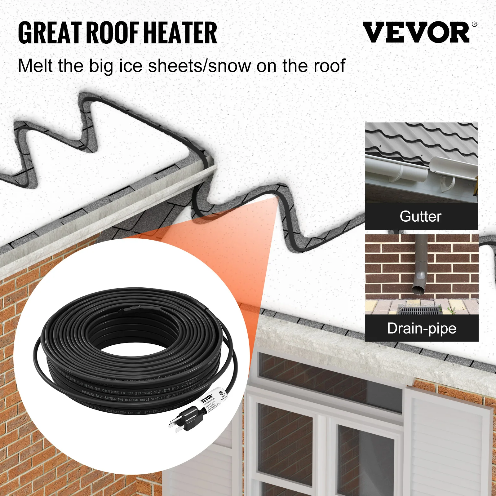 VEVOR Self-Regulating Pipe Heating Cable 120-feet Heat Tape for Pipes Roof Snow Melting De-icing Gutter  Pipe Freeze Protection