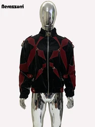 Mauroicardi Autumn Short Crocodile Print Patchwork Pu Leather Jacket Men Stand Collar Zipper Color Block Runway European Fashion