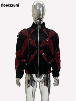 Mauroicardi otoño corto estampado de cocodrilo Patchwork Pu chaqueta de cuero hombres cuello alto cremallera Color bloque pasarela moda europea