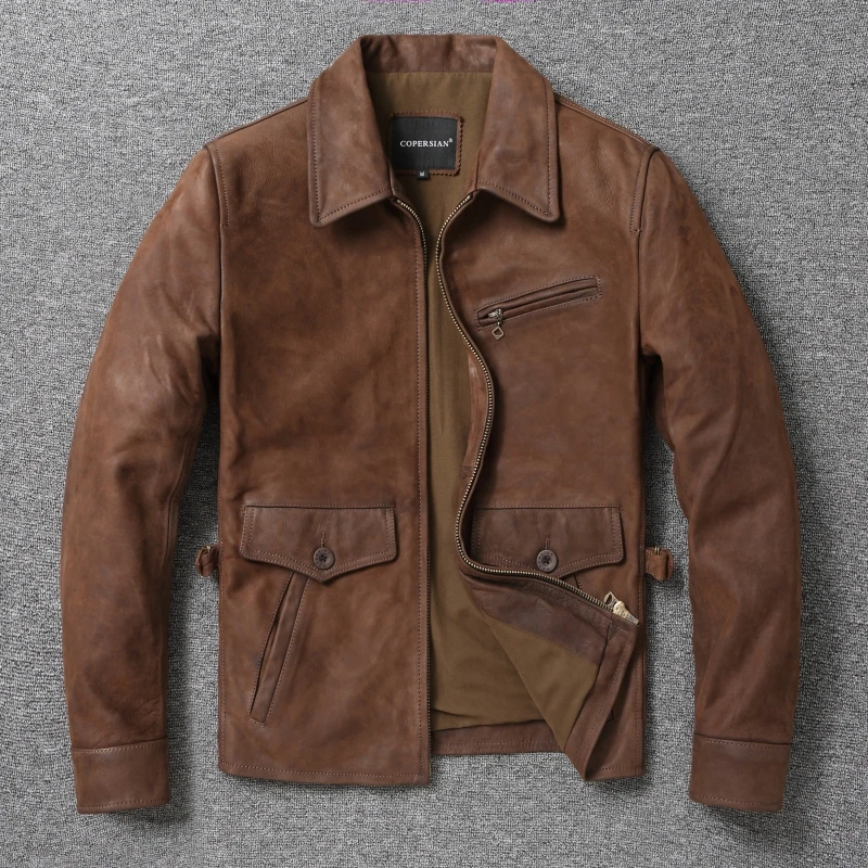 

Байкерская куртка Jacky Cheung с коротким воротником из натуральной кожи 1,3 мм, полированная маслом, мягкое мужское пальто из воловьей кожи без покрытия