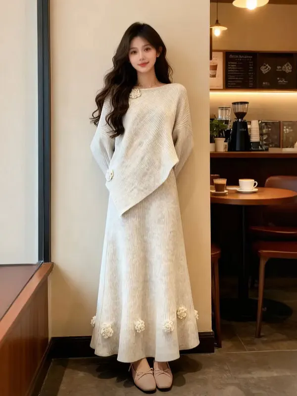

Комплект из мягкой вязаной кофты и юбки в корейском стиле, осенний, комфортный, средней плотности, с длинным рукавом, круглым вырезом, высокой талией, повседневный, модный