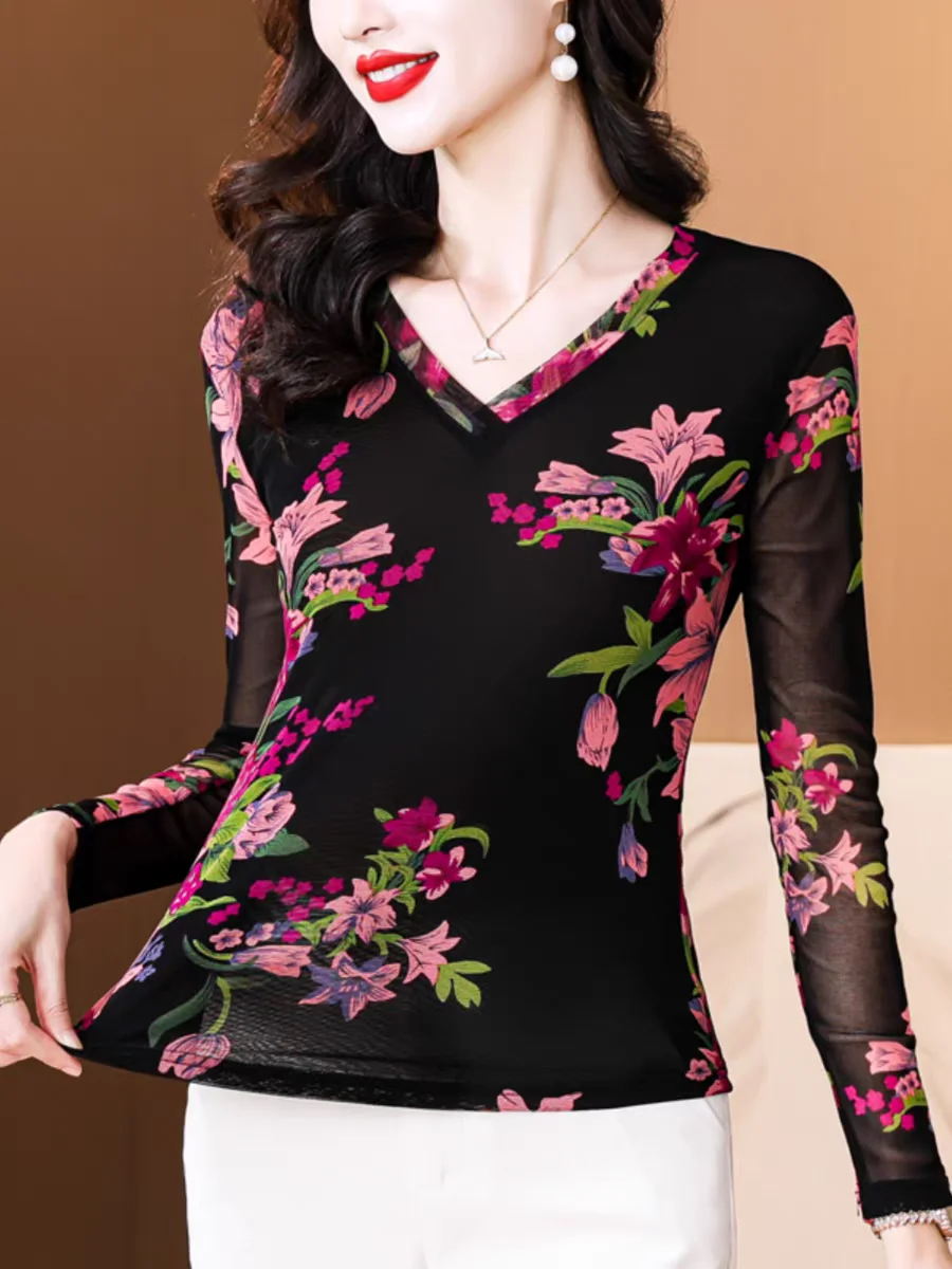 Long Sleeved Top Women Autumn Spring T Shirt Flowers Printing Mesh Tops Fashion Floral Top V Neck Tee Femme Fashion Women