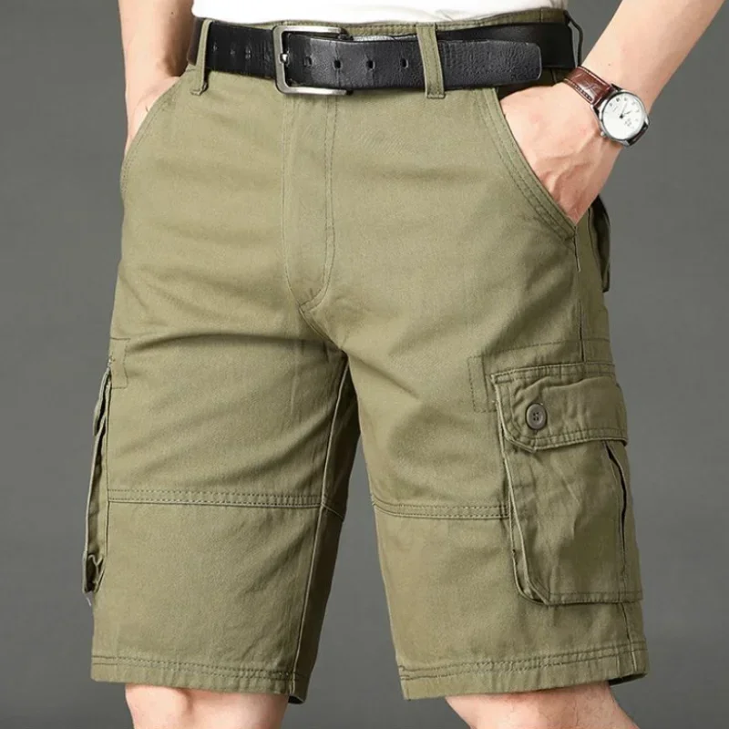 Heren Bermuda Korte Broek Knoop Kaki Solid Heren Cargo Short Streetwear Breed Vintage Baggy Harajuku Losse 2024 Mode Katoen