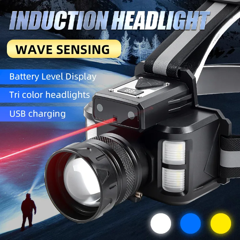 

Яркий налобный фонарь с тремя источниками света, 5000 мАч, перезаряжаемая фара, красный лазер, 14 режимов, масштабируемый водонепроницаемый аварийный фонарик