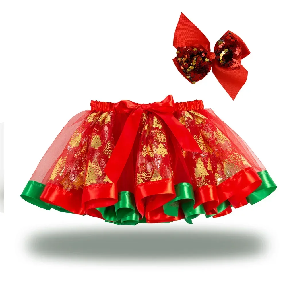 Kid Girls Christmas Xmas Red Green Tutu Skirt Tulle Fluffy Princess Dance Skirt with Bow Set Costume Photo Props Baby Skirt