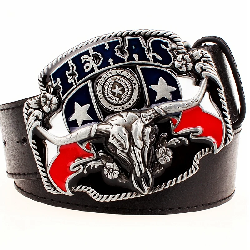 

Wild West TEXAS Cowboy Belt Bull Skull Head Metal Buckle American Texan Pride Fashion Waistband For Men