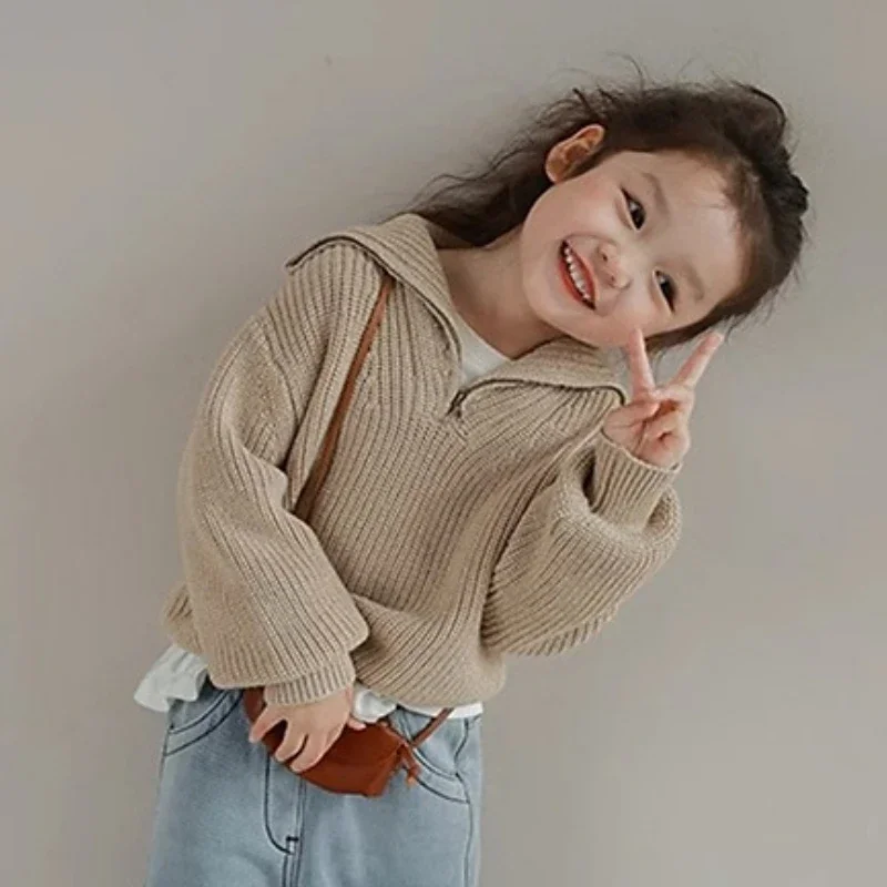 Girls\' Zipper Big Collar Wool Hooded Sweater 2024 Autumn New Baby Kids Knitted Jacket Children\'s Camel Casual Wear Top