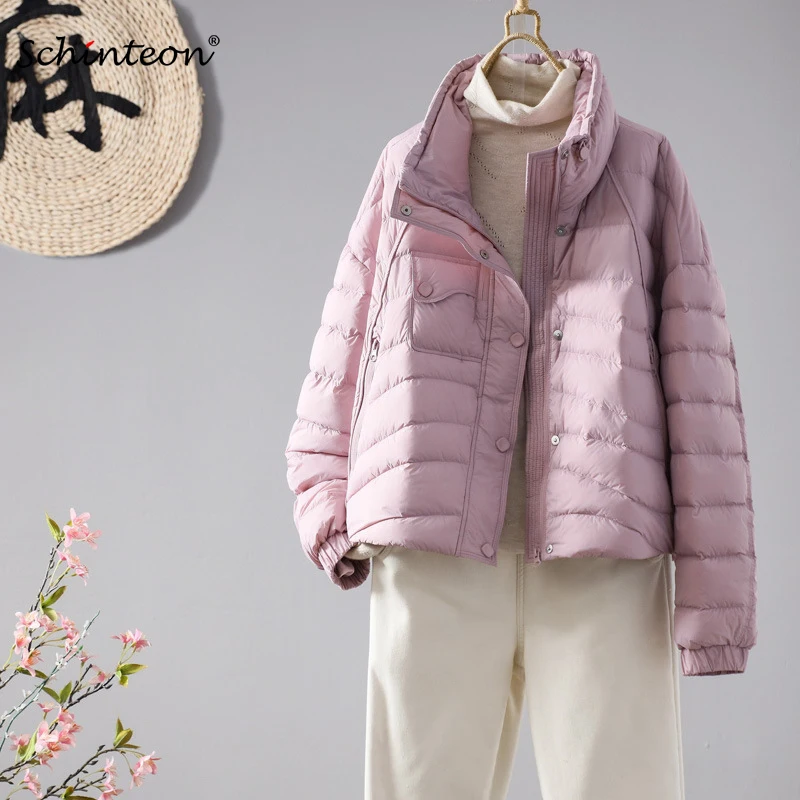 Schinteon feminino 90% pato branco para baixo jaqueta casual solto outono inverno outwear gola estilo coreano casaco curto 2025 novo