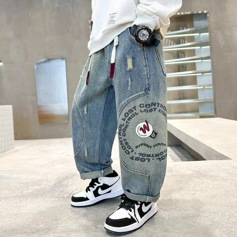 

2025 New Style Boys' Spring Autumn 85% Cotton Long Jeans - Stretchy Waist Cool Denim Pants for Tween Boys