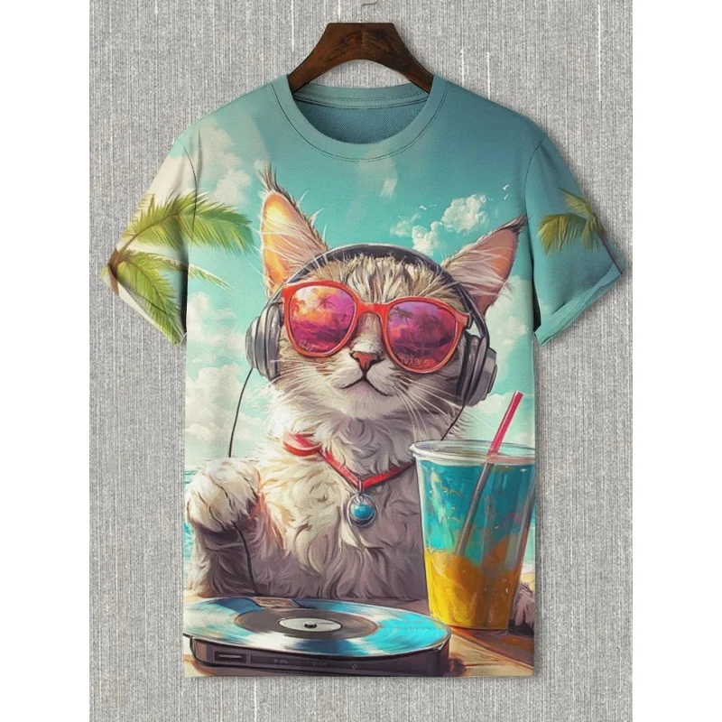 Vacation Cowboy Cat Pattern T Shirt For Men Cute Animal 3D Printed Tees Casual Short Sleeve Round Neck Tops Street T-Shirts