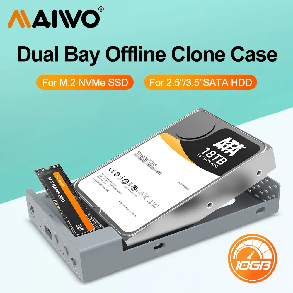 

MAIWO 2.5 3.5 inch Hard Drive Enclosure 10Gbps M.2 NVMe NGFF SSD Enclosure for 2.5/3.5 inch HDD/SSD case M2 SSD Case with Clone