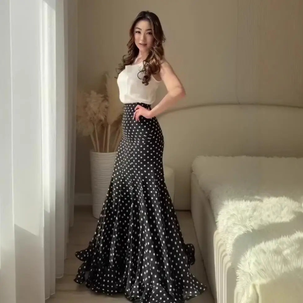Spring Summer 2026 Women's High Waist Polka Dot Halter Skirt Slimming Fish Tail Long Wrap around Skirt Casual Style PVC Material
