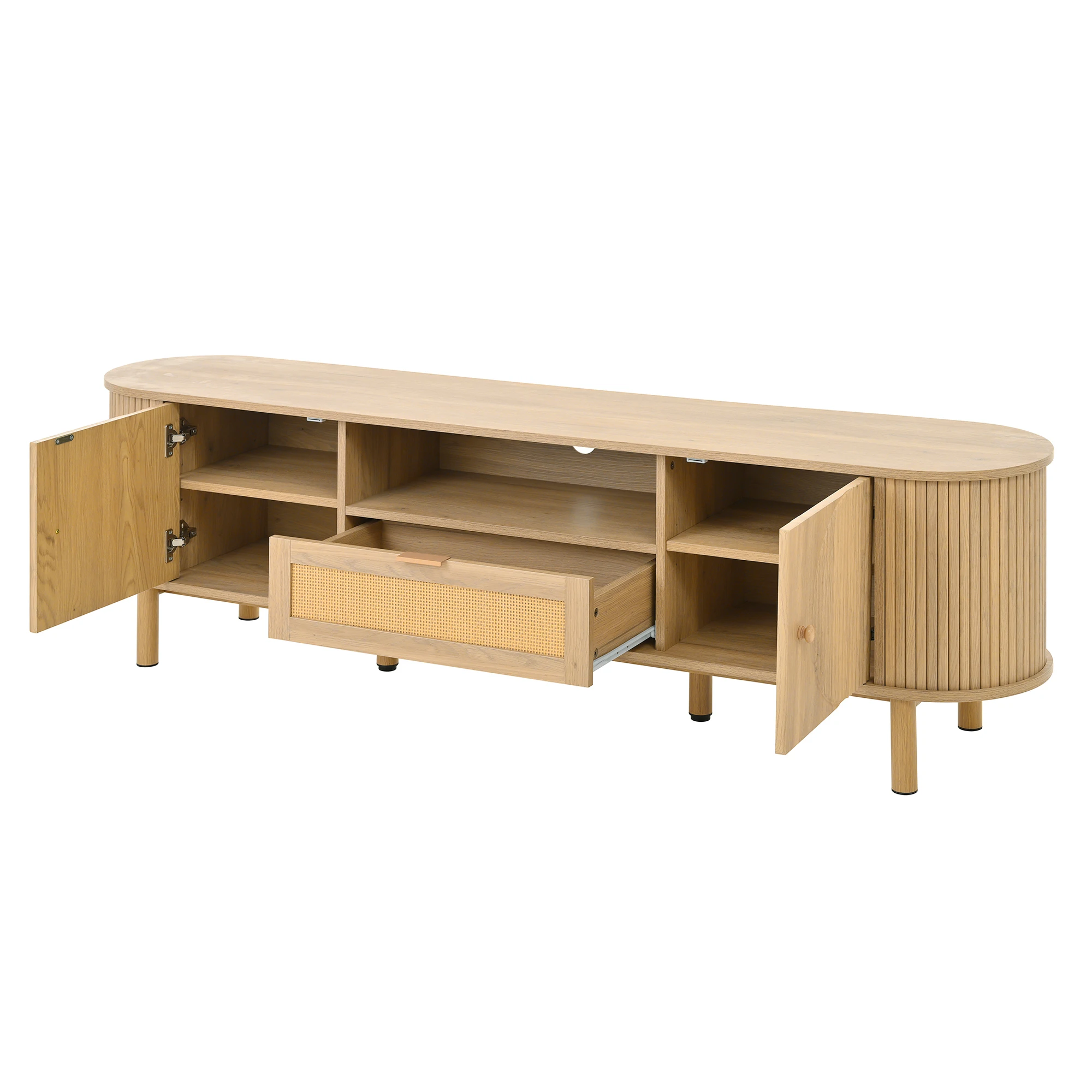 PINGGO Moderner TV-Schrank mit Rattanschublade, offenen Regalen, runder Tischplatte, Metallbeinen, Holzoptik, 175x36x41 cm – Detail 13