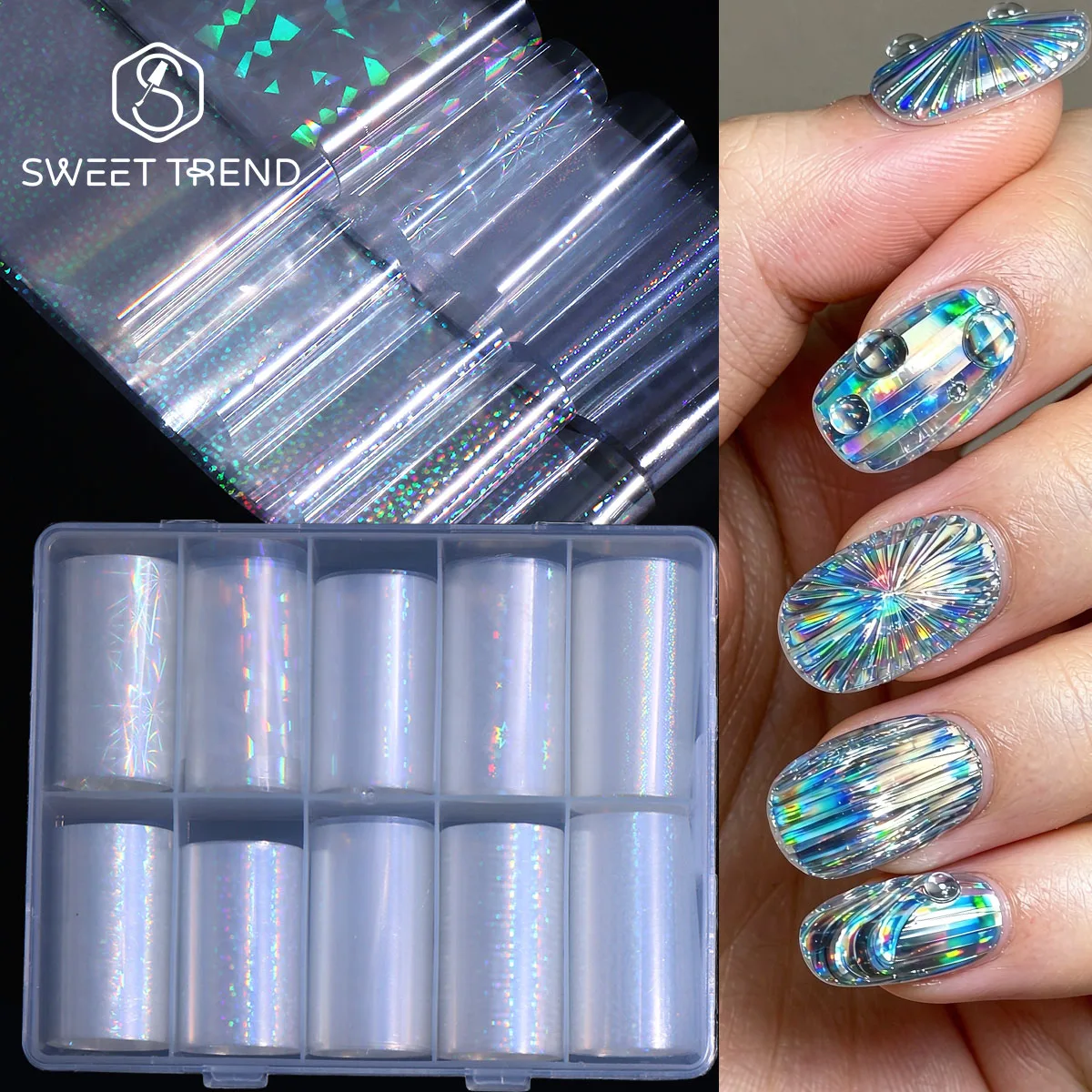 10 Rolls Holographic Fantasy Star Geometry Nail Transfer Foils Laser Silver Rainbow Starry Sky Paper Manicure Full Cover Wraps