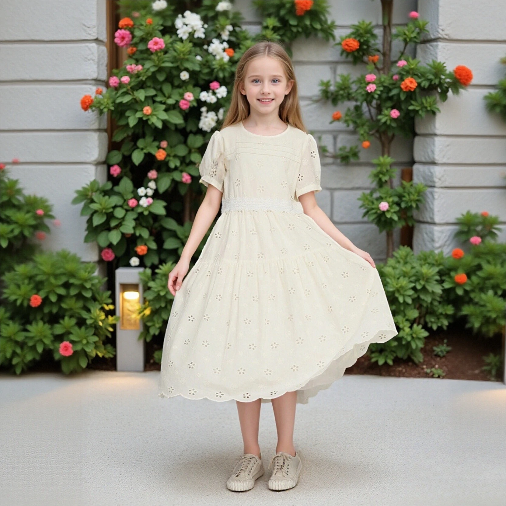 2026 New Girls Summer Lace Dress Beige Openwork Design Princess Dress for Kids Teens Fashion Casual Children Clothes 10 12 Years