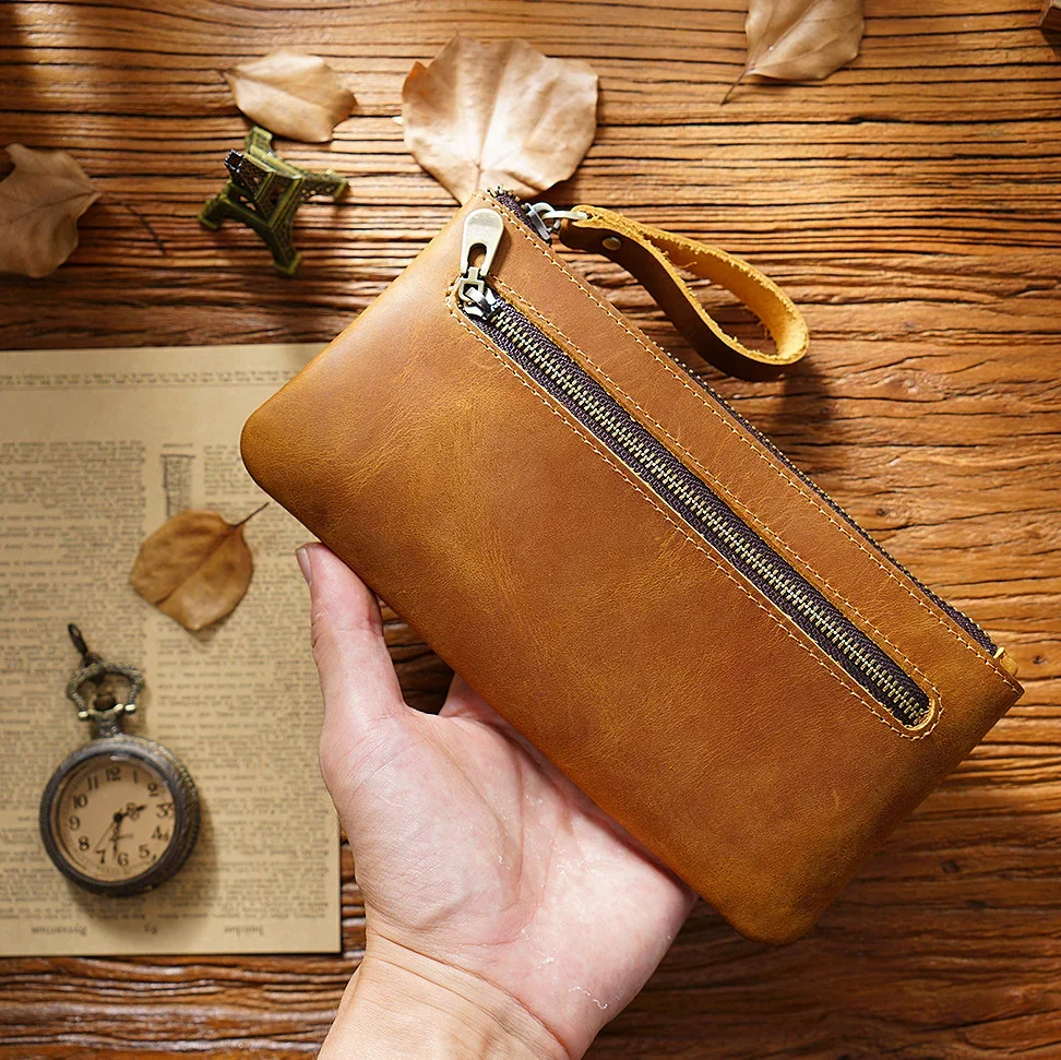 Vintage Crazy Horse Leather Men\'s Pencil Pouch Genuine Leather Zipper Coin Wallet Retro Pen Case Small Money Bag Wholeasale