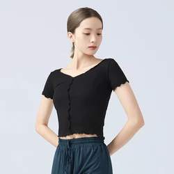 Women V Neck Dance Tops Wavy Lace Ballet Dance Crop Tops Adults Girl Dance Tops Closed-fit Short Sleeve Ballet Training Costumes