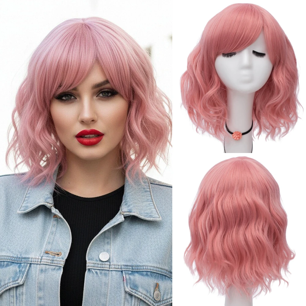 

Розовый короткий пушистый синтетический парик с волнами, термостойкий женский для аниме-игр, косплей, повседневная вечеринка