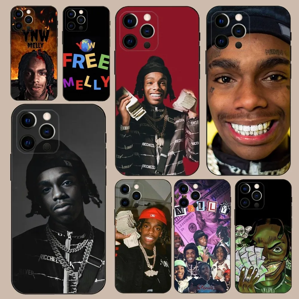 حافظة هاتف YNW Melly Rapper لهاتف iPhone 16,15,14,13,12,11,Pro,X,XS,Max,XR,Plus,غطاء أسود ناعم صغير