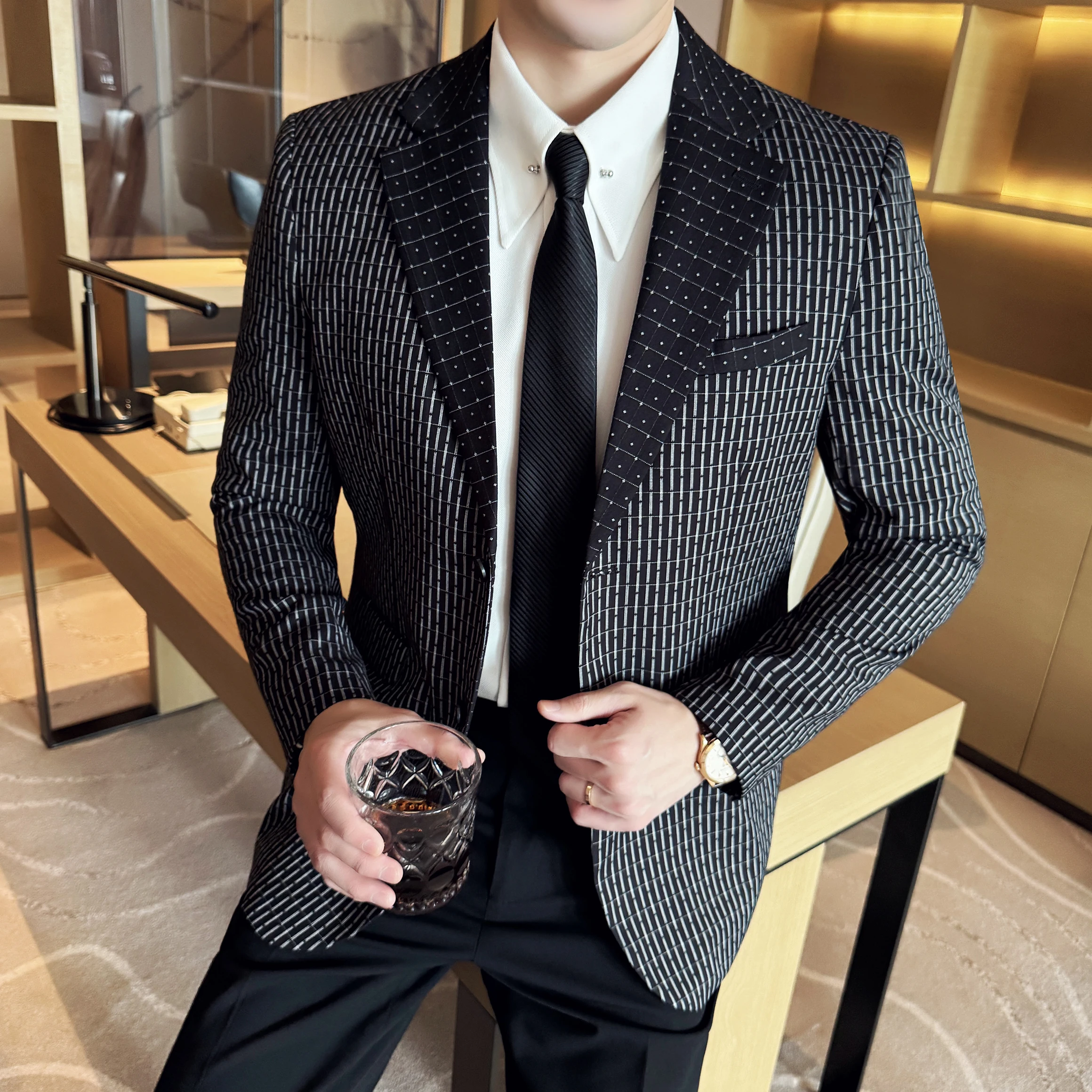 

Черный/хаки пиджак Homme корейский роскошный приталенный мужской полосатый пиджак куртки с длинным рукавом деловая официальная одежда облегающие костюмы