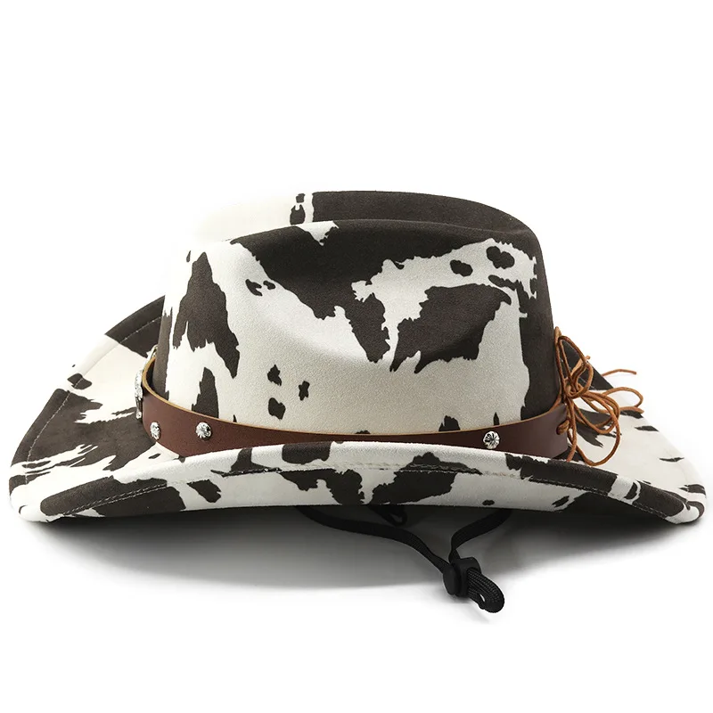 Vintage Leather Cowboy Hat for Women and Men with Cow Print Design Wide Brim Western Cap featuring Windproof Rope and Leather