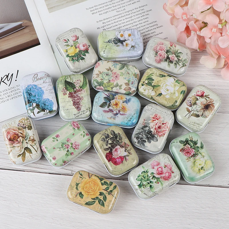 Random 1 Pcs Mini Flower Tin Trinket Jewelry Coin Box Tinplate Storage Case Small RectanIe Friends Gift