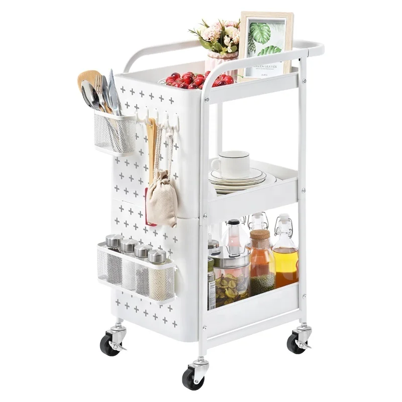 

@！U Shape Handle 3 Tiers Metal Utility Cart Home Kitchen Mobile Hand Push Rolling Storage Trolley Cart With Double Pegboard
