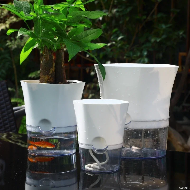 Selbstbewässernder Blumentopf aus Kunststoff für Hydrokulturpflanzen, transparenter doppellagiger Blumentopf aus Baumwollseil mit Injektionsanschluss