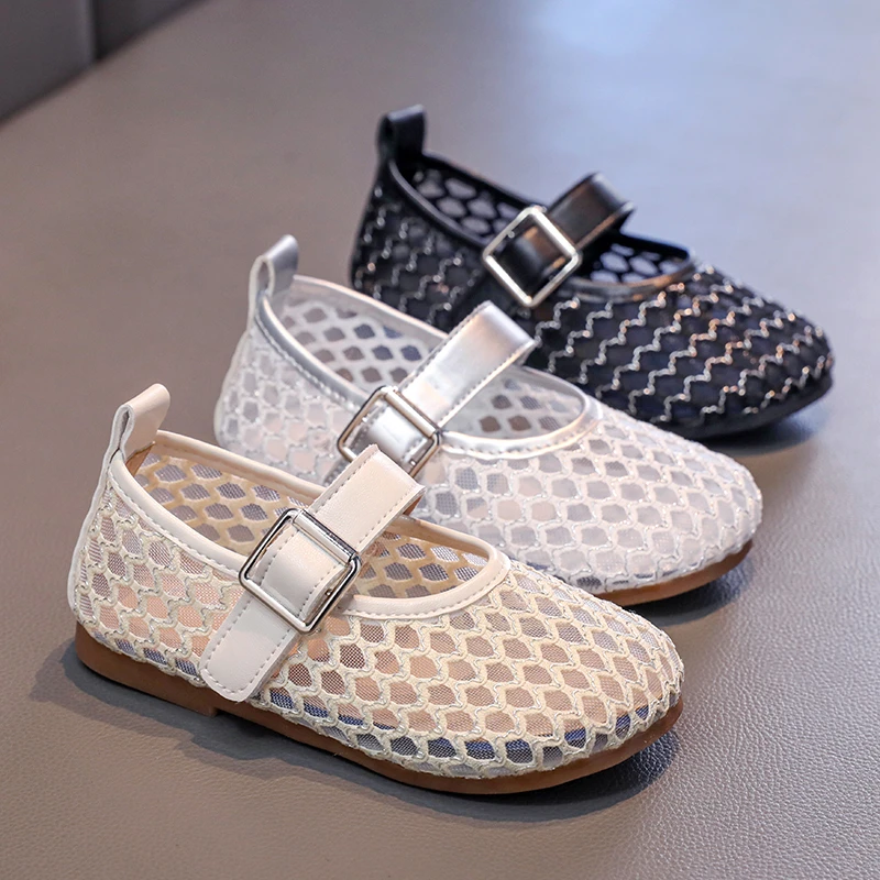 

Summer Girl'S Sandals Breath-Mesh Glam Minimalist Kids Flat Shoes Closed-Toe Hook-Loop Versatile Slip-Resistant Children Shoes