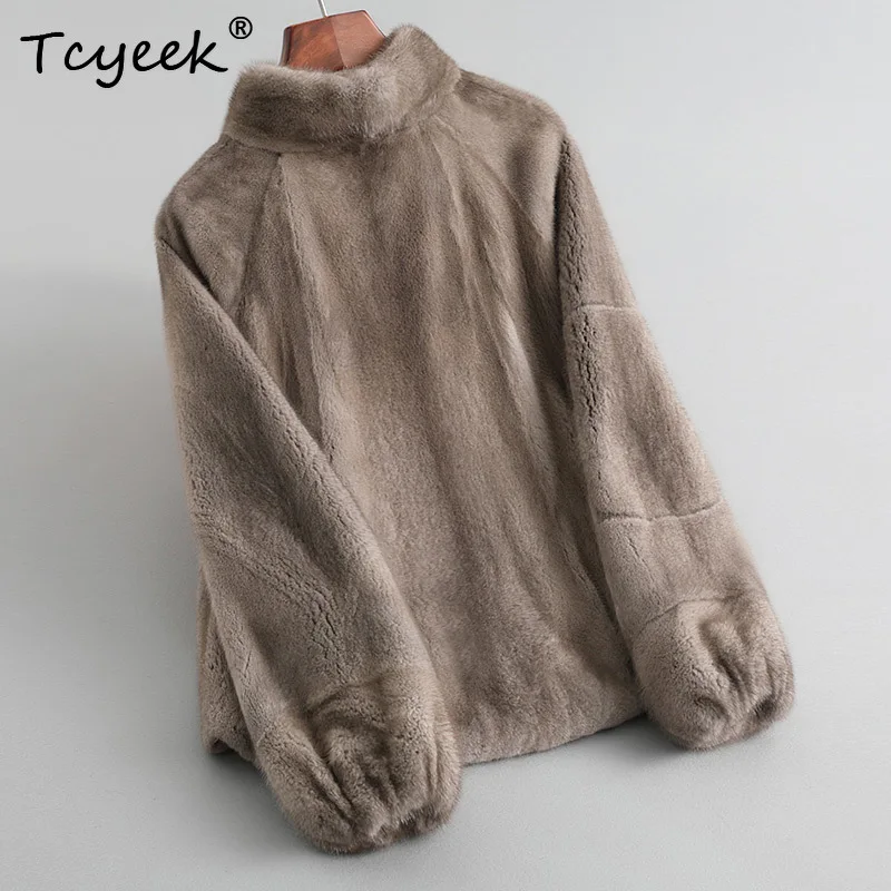 معطف فرو المنك الطبيعي من Tcyeek للنساء 2025 ملابس شتوية سترات نسائية من الفرو الحقيقي بياقة واقفة جديد في ملابس خارجية فورور فام