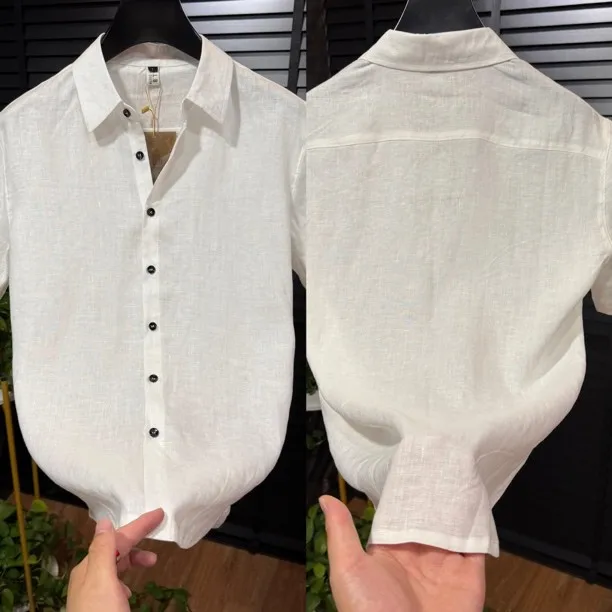 

Мужская свободная рубашка из чистого льна с коротким рукавом, удобная повседневная легкая универсальная рубашка для лета