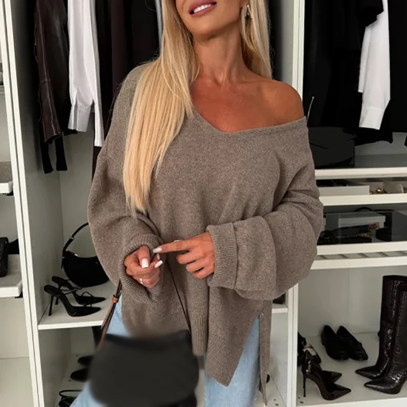 Fashion Solid Color Loose Jumper Elegant V-neck Side Split Pullover Sweater 2024 Women Casaul Long Sleeve Irregular Knitted Tops