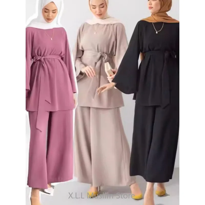 

Eid Ramadan Turkey Dubai Kaftan Islam Clothing Muslim Top+Bottom For Women Modest Fashion Casual Set Ensemble Femme Musulmane